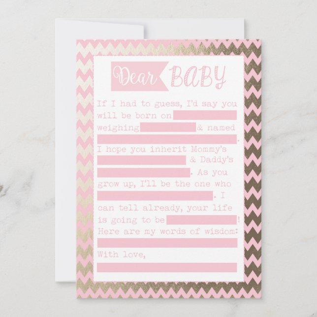 Baby Shower MadLibs Game, Pink and Gold Foil Look Invitation (Front)