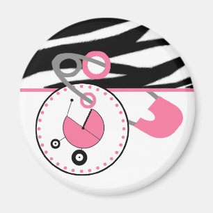 Baby Shower Magnet - Zebra Print & Pink Diaper Pin