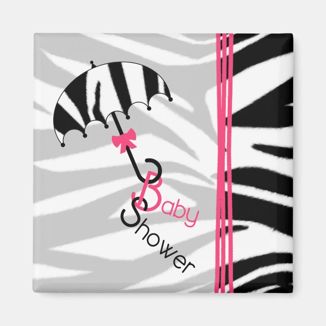 Baby Shower Magnet - Zebra Print Umbrella & Pink (Front)