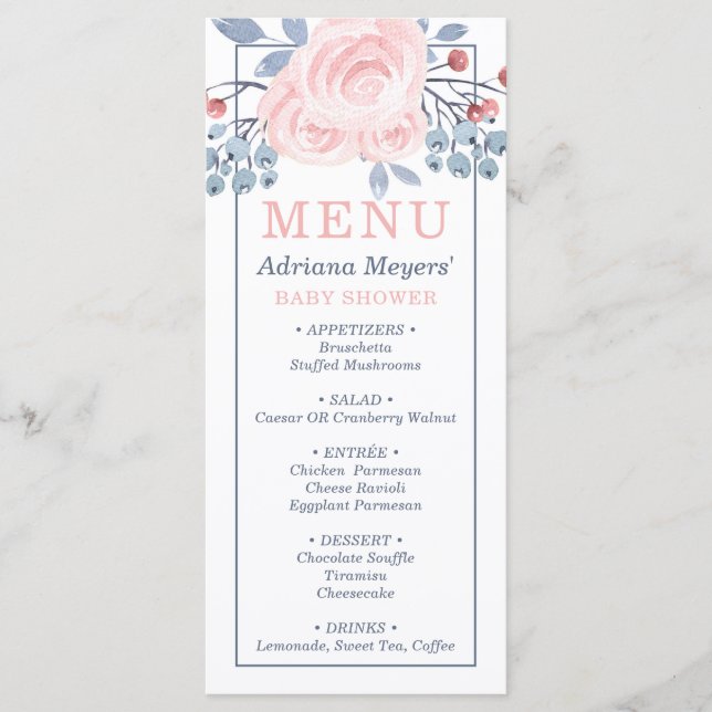 Baby Shower Menu Card, Blue, Blush Pink (Front)