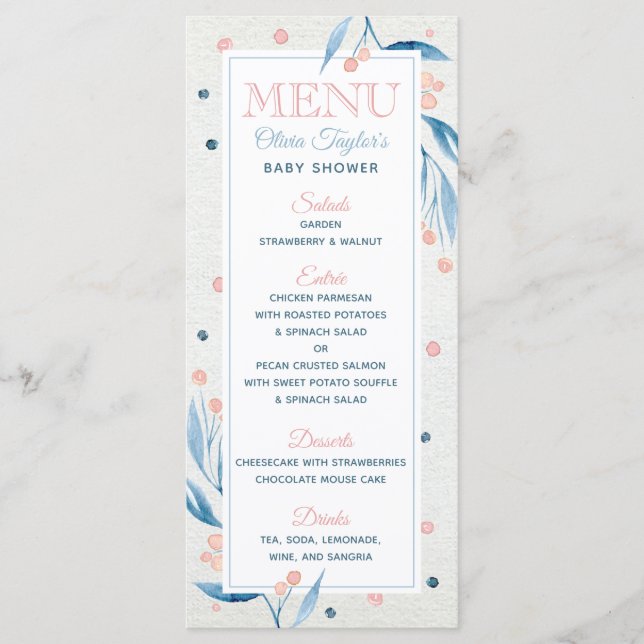 Baby Shower Menu Card, Blue, Blush Pink (Front)