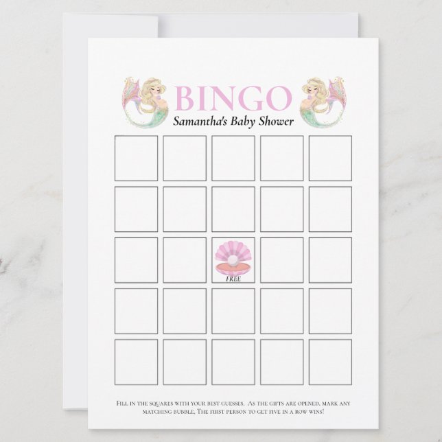 Baby Shower Mermaid Mother  Pink White Bingo Game  Invitation (Front)