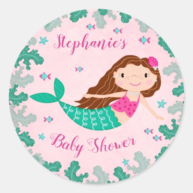 Baby Shower Mermaid Under The Sea Pink Classic Round Sticker (Front)