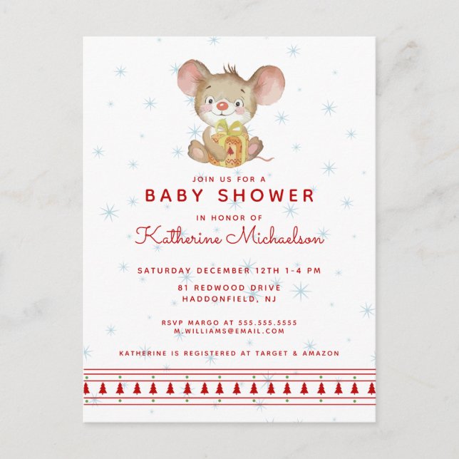 BABY SHOWER | Merry Christmas Mouse Invitation Postcard (Front)
