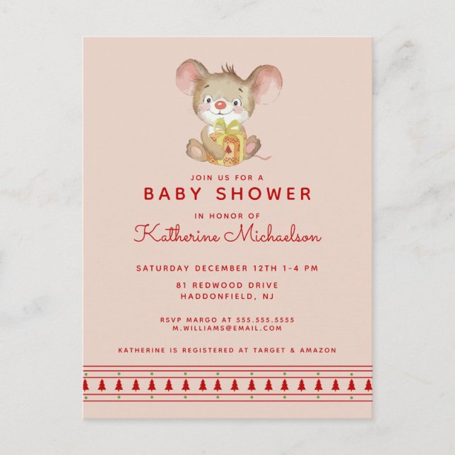 BABY SHOWER | Merry Christmas Mouse Invitation Postcard (Front)