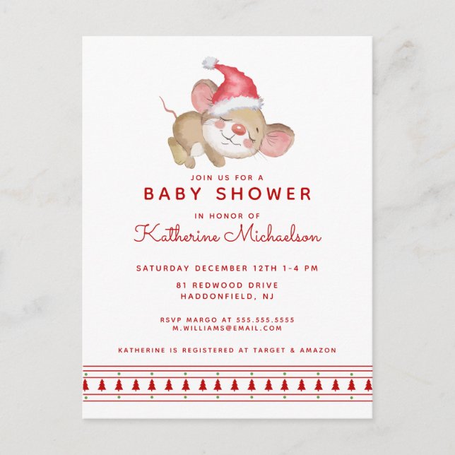 BABY SHOWER | Merry Christmas Mouse Invitation Postcard (Front)