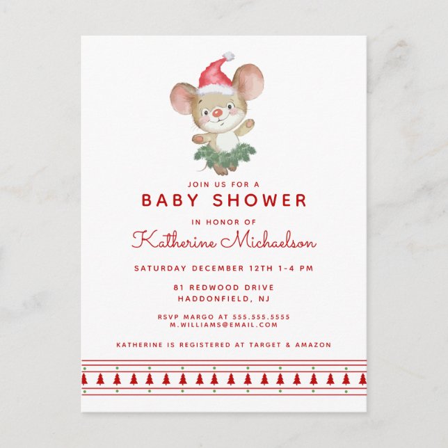 BABY SHOWER | Merry Christmas Mouse Invitation Postcard (Front)