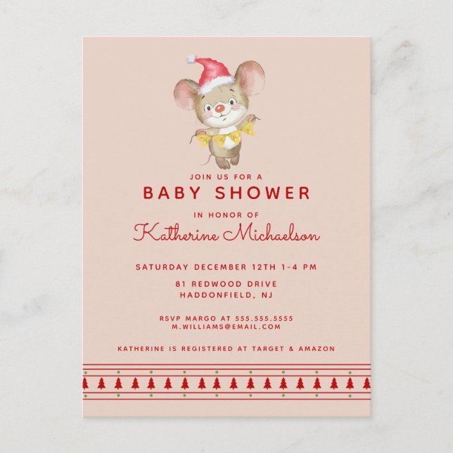 BABY SHOWER | Merry Christmas Mouse Invitation Postcard (Front)