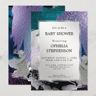Baby Shower   Metallic Silver Teal Purple Abstract Invitation