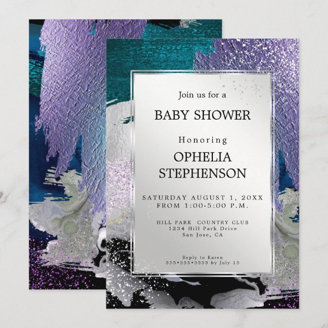 Baby Shower | Metallic Silver Teal Purple Abstract Invitation (Front/Back)