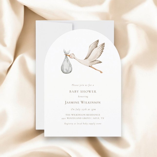 Baby shower  minimal watercolor stork invitation (simple minimal stork baby shower invitation designed by janine at willow spring studio)