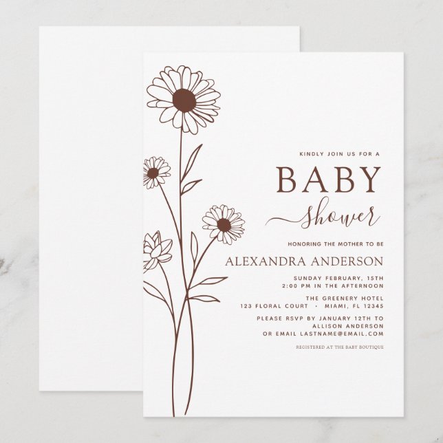 Baby Shower Minimalist Botanical Floral Sketch Inv Invitation (Front/Back)