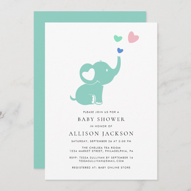 Baby Shower Mint Green Elephant Gender Neutral Invitation (Front/Back)