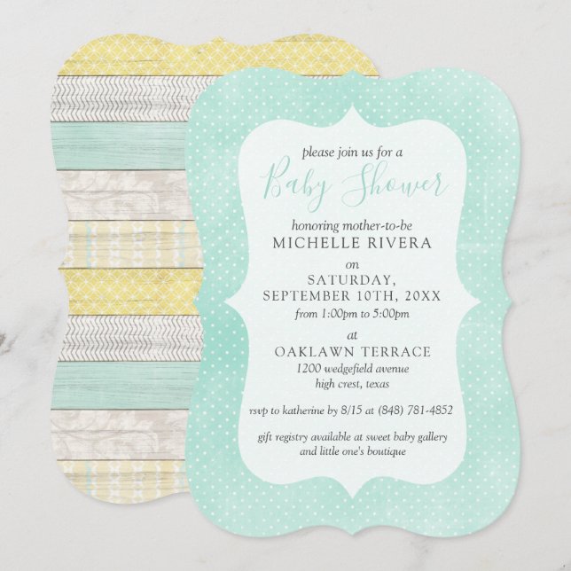 Baby Shower Mint Yellow Rustic Wood Gender Neutral Invitation (Front/Back)