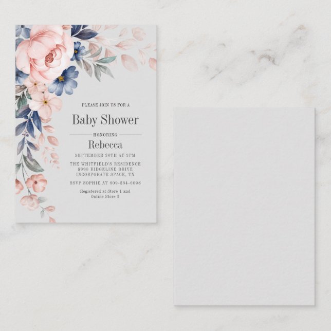 Baby Shower Modern Bloom Blue Pink Floral Card (Front/Back)