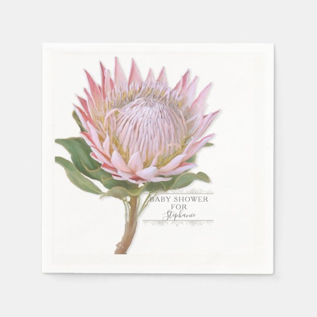 Baby Shower Modern Floral Pink Protea Flower Napkin (Front)