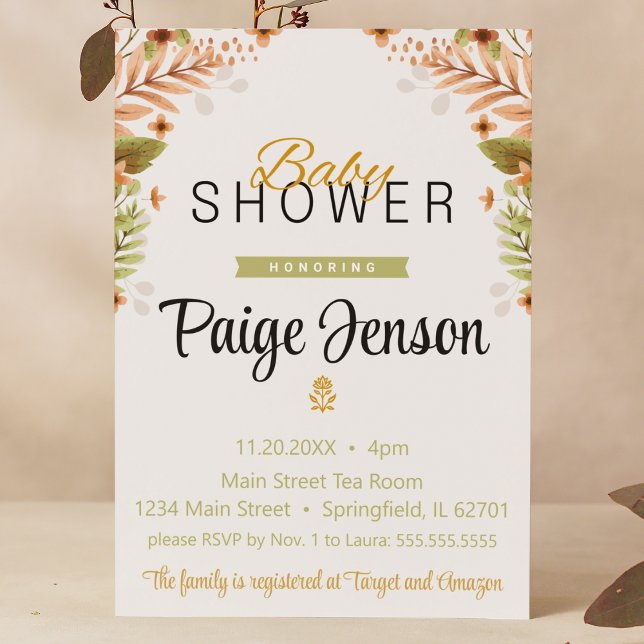 Baby Shower Modern Green and Brown Botanicals Invitation (Baby shower green brown botanicals floral woodland fall script cursive font banner cute classic )