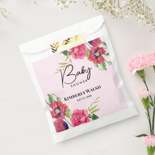 Baby Shower Modern Red Pink Flowers on Light Pink  Favour Bags (Sealed)