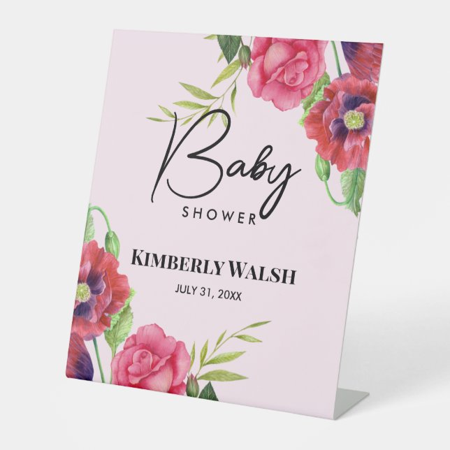 Baby Shower Modern Red Pink Flowers on Light Pink  Pedestal Sign (Front)