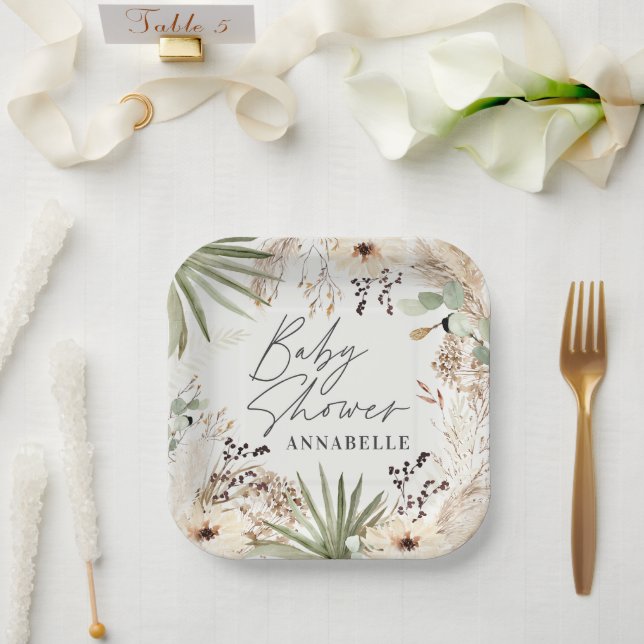 Baby shower modern rustic pampas grass foliage paper plate (Wedding)