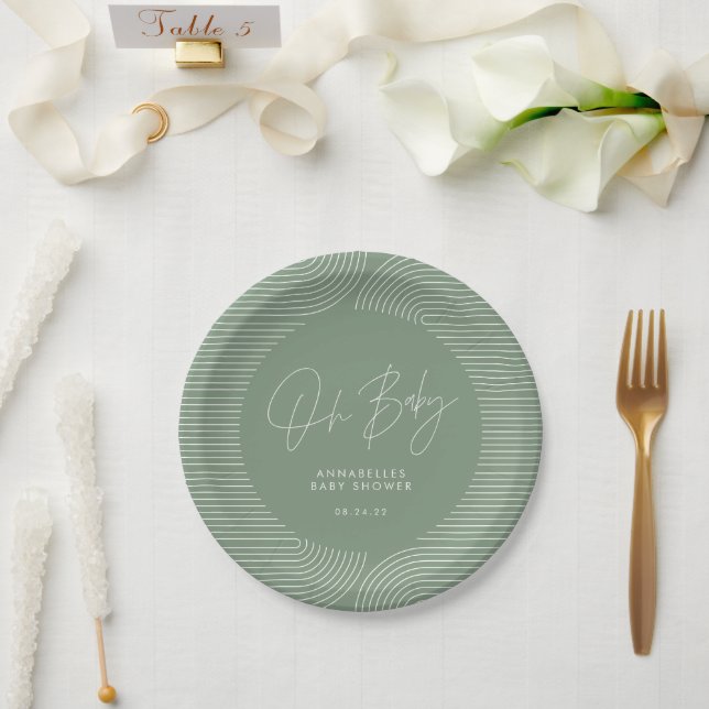 Baby shower modern sage green elegant geometric paper plate (Wedding)