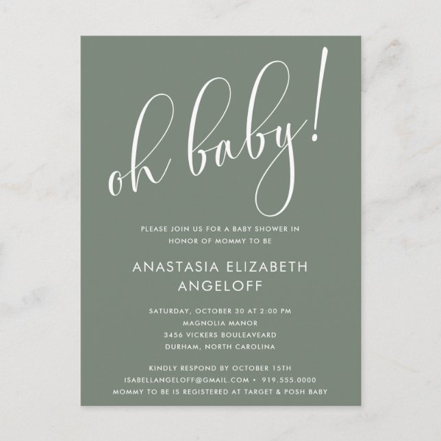 Baby Shower Modern Script Sage Green Invitation Postcard (Front)