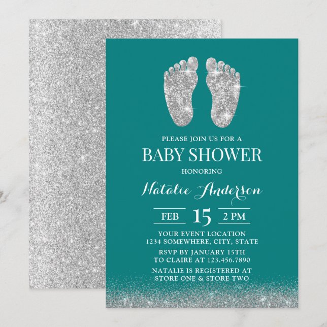  Baby Shower Modern Silver Glitter Baby Foot Teal Invitation (Front/Back)
