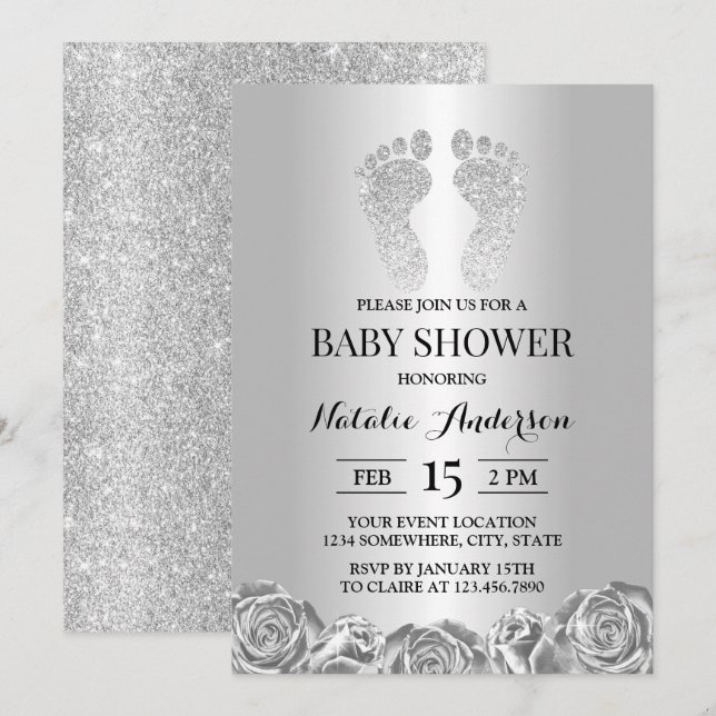 Baby Shower Modern Silver Glitter Feet Rose Floral Invitation (Front/Back)