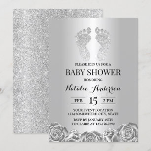 Baby Shower Modern Silver Glitter Feet Rose Floral Invitation