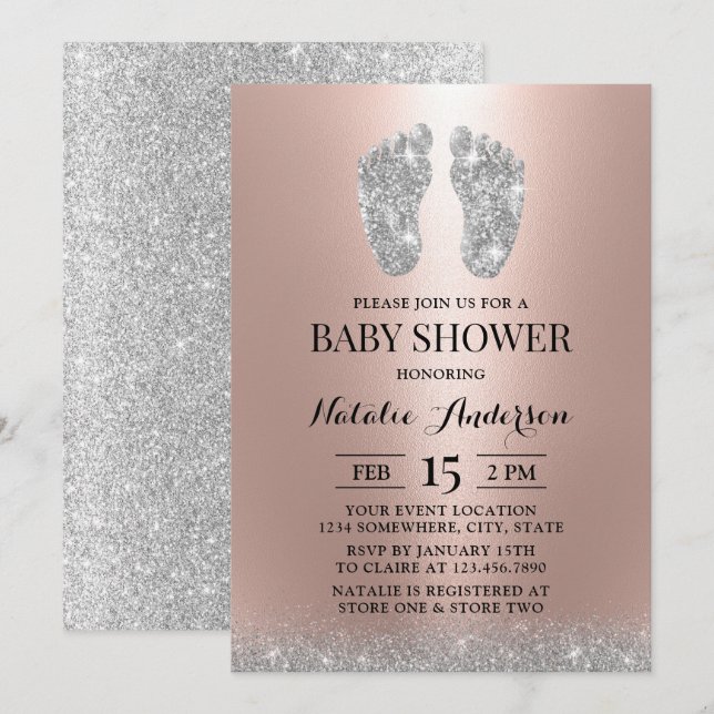  Baby Shower Modern Silver Glitter Feet Rose Gold Invitation (Front/Back)
