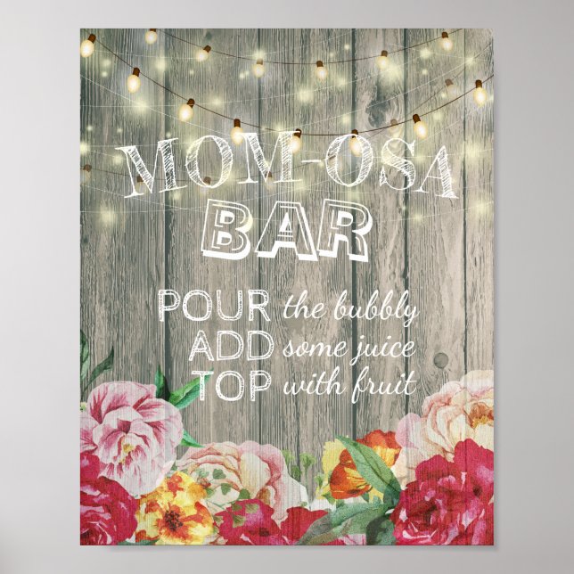 Baby Shower MOM-OSA BAR Sign Flowers Wood Lights (Front)