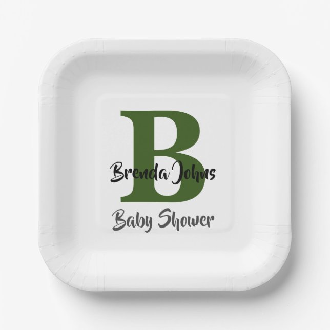 Baby Shower Monogram Forest Green Jungle Theme Paper Plate (Front)
