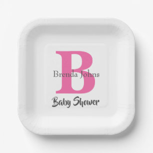 Baby Shower Monogram  Pink White Cute Elegant Paper Plate