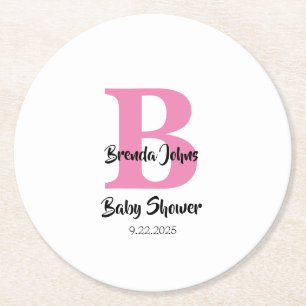 Baby Shower Monograms Pink White Cute Simple Round Paper Coaster