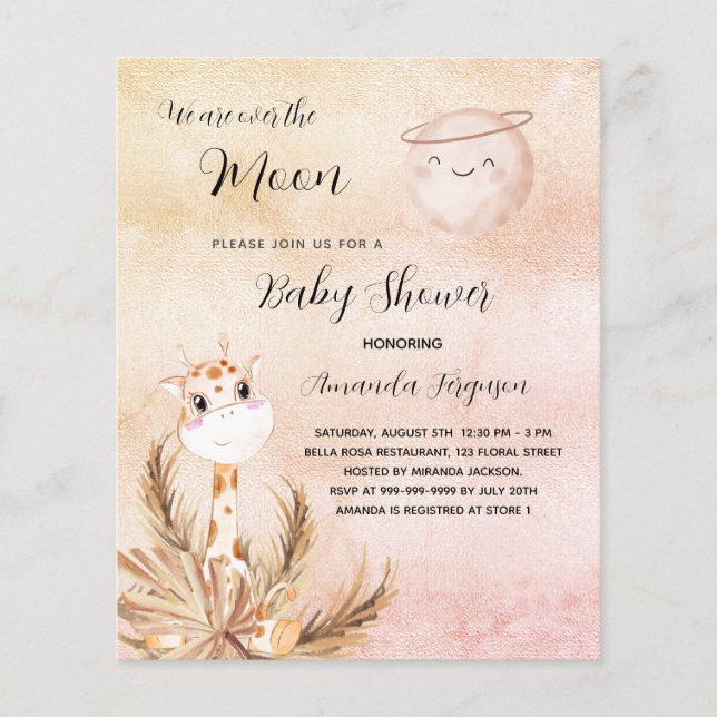 Baby shower moon pampas giraffe budget invitation flyer (Front)