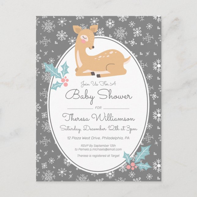 BABY SHOWER | Mother Deer & Snowflakes Postcard (Front)
