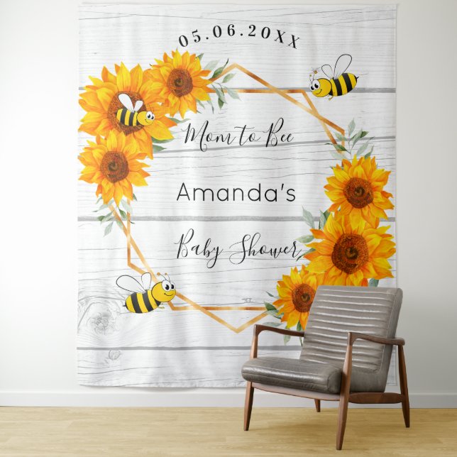 Baby Shower Mum to bee sunflowers rustic wood Tapestry (In Situ)