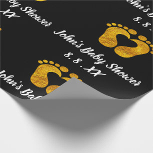 Baby Shower Name Date Feet heart Black White Gold Wrapping Paper