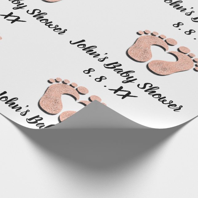 Baby Shower Name Date Feet heart Black White Rose Wrapping Paper (Corner)