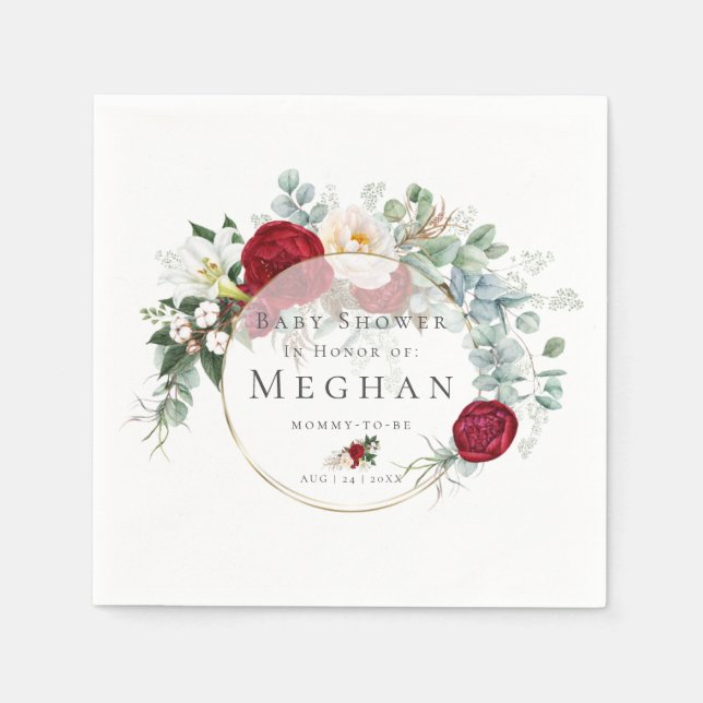 Baby Shower Napkins | Vibrant Red Peony Bouquet (Front)