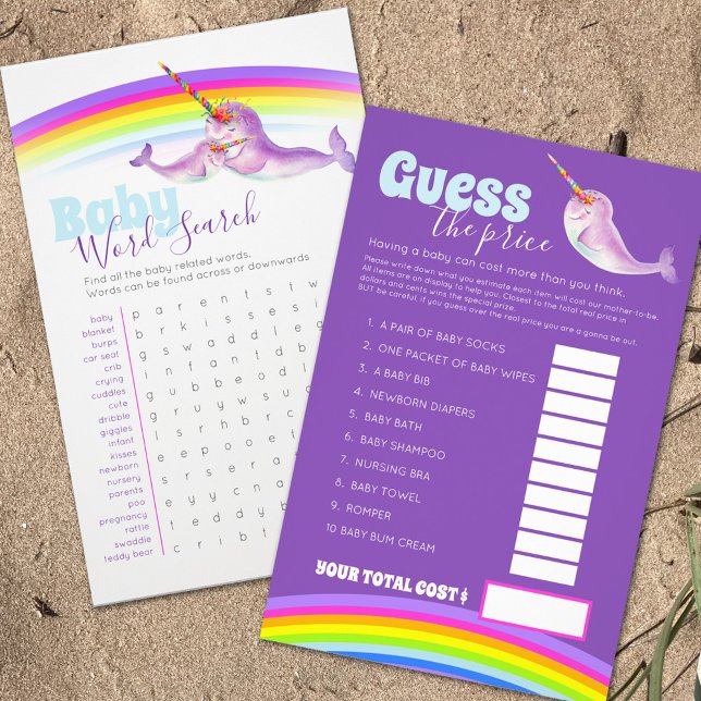 Baby shower narwhal word search price guess game flyer (Creator Uploaded)