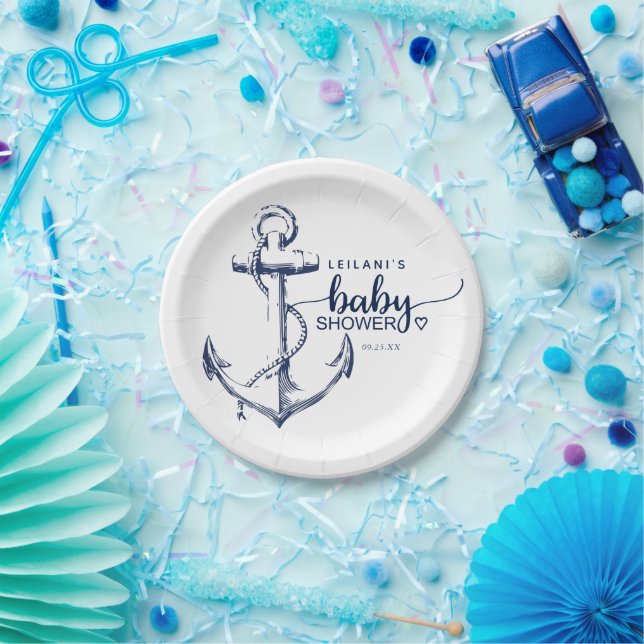 Baby Shower Nautical Anchor White Paper Plates (Party)