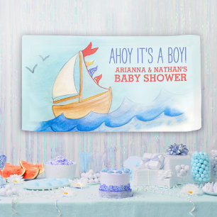 Baby shower nautical sail boat blue red custom banner