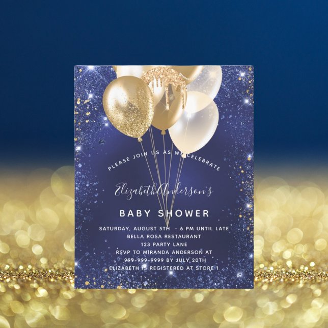 Baby Shower navy blue gold balloons invitation (Creator Uploaded)