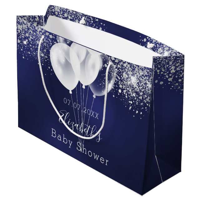Baby Shower navy blue white glitter balloons Large Gift Bag (Back Angled)
