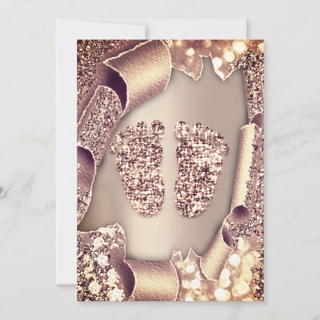 Baby Shower New Girl Boy Feet Glamour Rose 3D VIP Invitation (Back)