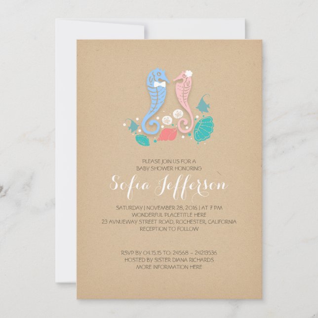 baby shower of twins boy and girl cute seahorses invitation (Front)