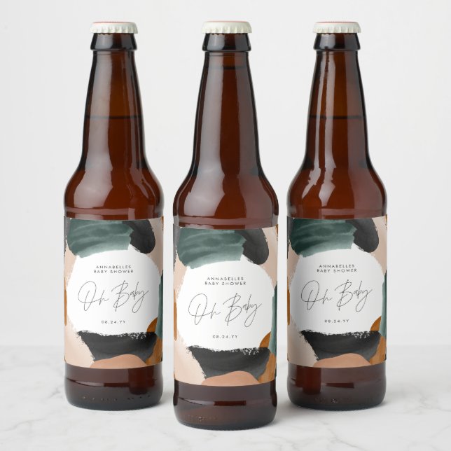 Baby shower Oh baby terracotta abstract painted Beer Bottle Label (Bottles)