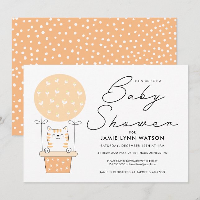 BABY SHOWER | Orange Cat Balloon Invitation (Front/Back)