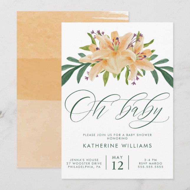 BABY SHOWER | Orange Watercolor Lily Invitation (Front/Back)